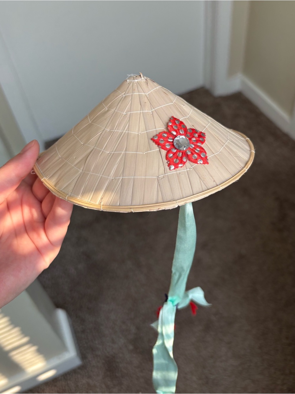 Pet Straw Conical Hat with Teal Ribbon and Red Flower Accent